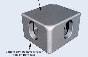 Metal cube with two holes in the middle and text written on it