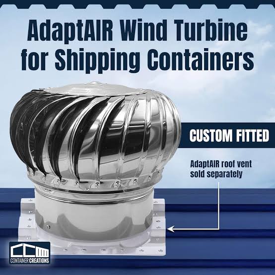 Poster with text and an image of a custom-fitted adaptair wind turbine for shipping containers